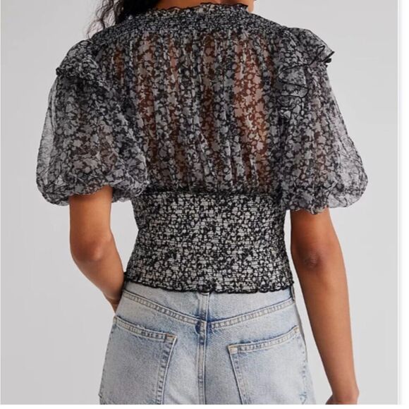 Free People Beatrice Smocked Floral Mesh Semi Sheer Top Size S - Picture 3 of 8